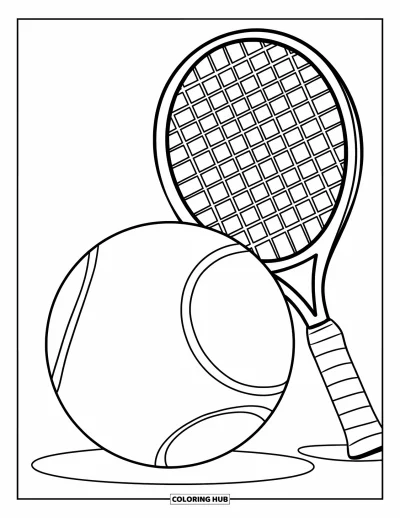 Coloriage de tennis pour enfants : Une grande balle de tennis et une raquette côte à côte dans une scène conviviale