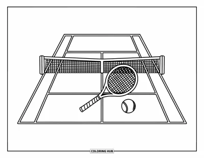 Coloriage de tennis pour enfants : Scène épurée d'un court avec raquette, balle, lignes nettes et un filet central