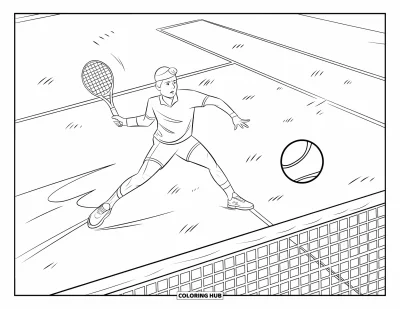 Coloriage de tennis pour enfants : Un joueur frappe un coup droit puissant, la balle filant à travers le court
