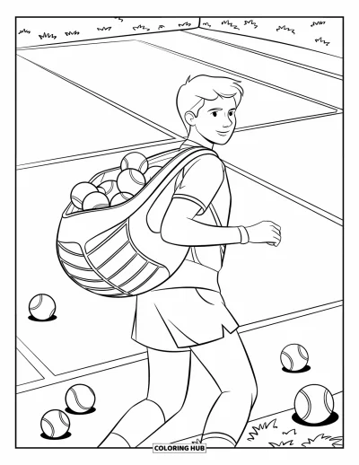 Coloriage de tennis pour enfants : Un joueur traverse le court avec un panier et des balles éparpillées autour