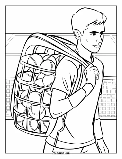 Coloriage de tennis pour enfants : Un joueur avec un panier sur l'épaule traverse le court d'entraînement