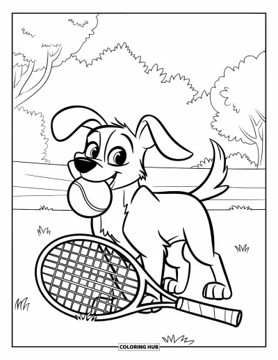 Coloriage de tennis pour enfants : Un chien espiègle se tient dans l'herbe avec une balle de tennis dans la gueule et une raquette à côté