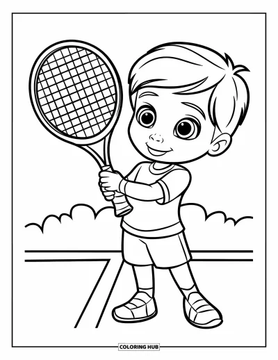 Coloriage de tennis pour enfants : Un enfant fier se tient avec sa raquette sur un terrain, prêt à jouer