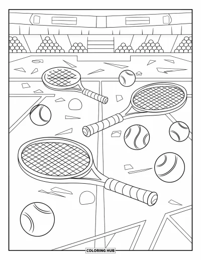 Coloriage de tennis pour enfants : Motif en puzzle d'équipements de tennis avec des sièges et des bannières en arrière-plan