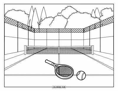 Coloriage de tennis pour enfants : Une raquette et une balle près du filet sur un court clôturé avec des arbres derrière