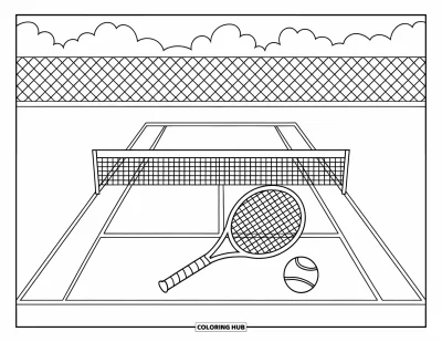 Coloriage de tennis pour enfants : Une raquette et une balle reposent sur un court balisé près d'une clôture