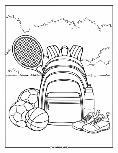 Coloriage de tennis pour enfants : Des équipements de sport entourent un sac à dos avec une raquette sur un terrain