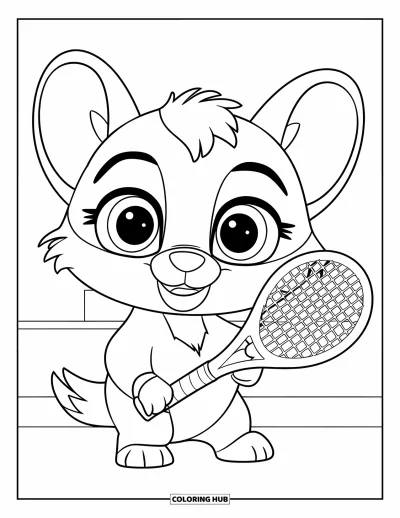 Coloriage de tennis pour enfants : Un mignon animal souriant tient une raquette de tennis avec des arbres en arrière-plan