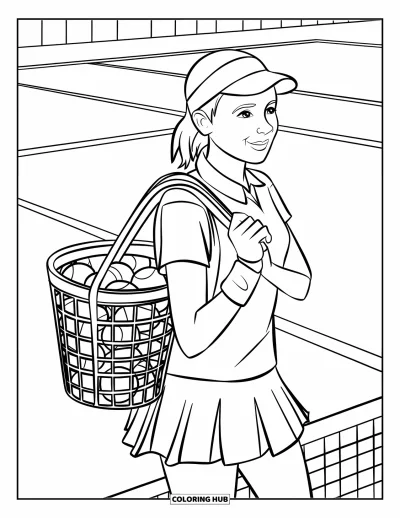 Coloriage de tennis pour enfants : Un adolescent porte un panier de balles de tennis en traversant le court après l'entraînement