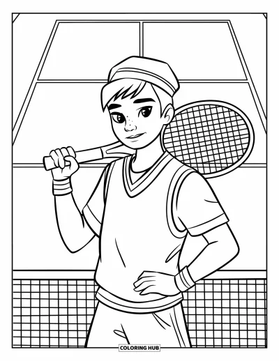 Coloriage de tennis pour enfants : Un adolescent en gilet et casquette tient une raquette sur un court calme