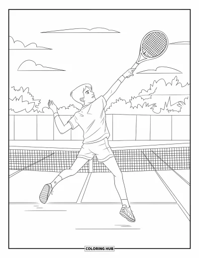Coloriage de tennis pour enfants : Un adolescent saute pour un puissant service sous un ciel lumineux avec de douces nuages