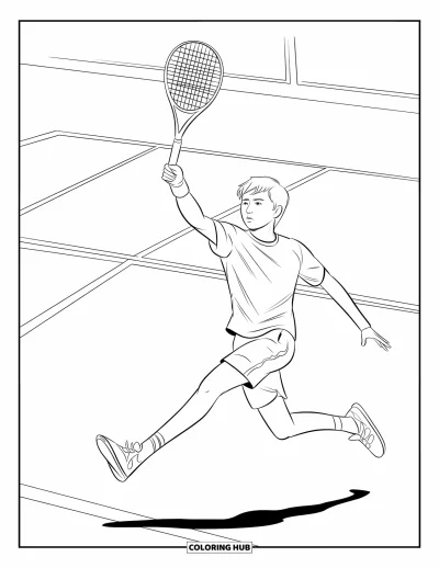 Coloriage de tennis pour enfants : Un adolescent s'élance haut pour un service plein d'énergie sur le court