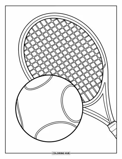 Coloriage de tennis pour enfants : Une balle de tennis et une raquette placées côte à côte dans une mise en scène amusante