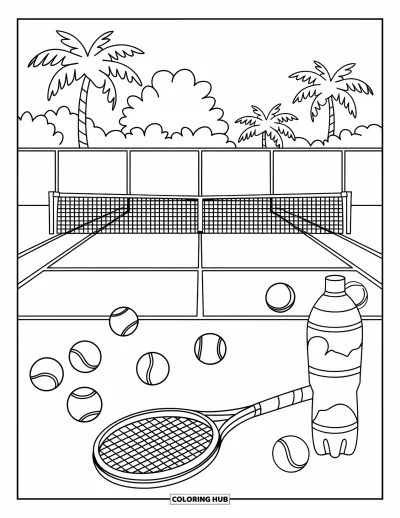 Coloriage de tennis pour enfants : Scène de court de tennis avec des équipements épars et des palmiers en arrière-plan