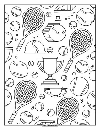 Coloriage de tennis pour enfants : Éléments de tennis disposés en puzzle avec des trophées empilés et des bordures soignées