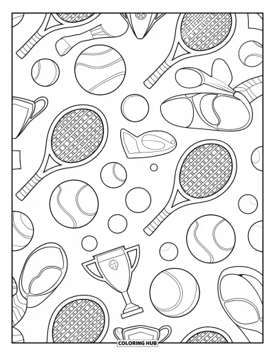 Coloriage de tennis pour enfants : Puzzle de tennis rempli de raquettes, de balles et de trophées dans une disposition amusante