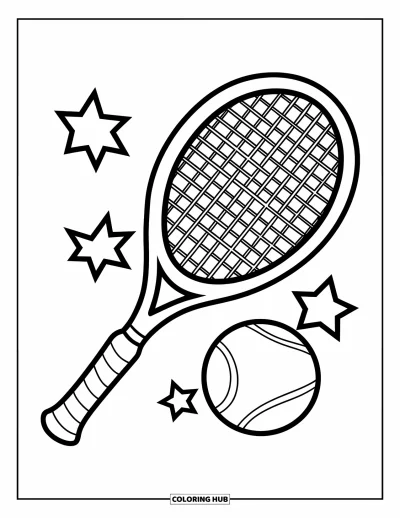 Coloriage de tennis pour enfants : Une raquette de tennis et une balle flottent entourées d'étoiles