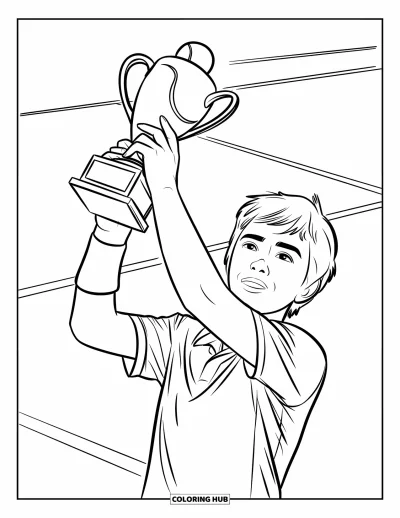 Coloriage de tennis pour enfants : Un trophée brandi par un adolescent souriant sur un court lumineux