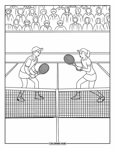 Coloriage de tennis pour enfants : Deux équipes s'affrontent en double avec une foule enthousiaste derrière