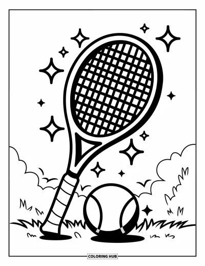 Coloriage de tennis pour enfants : Une raquette et une balle illuminées par des étoiles brillent sur un court herbeux