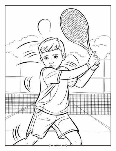 Coloriage de tennis pour enfants : Un jeune joueur effectue un revers avec des lignes de mouvement autour de la raquette