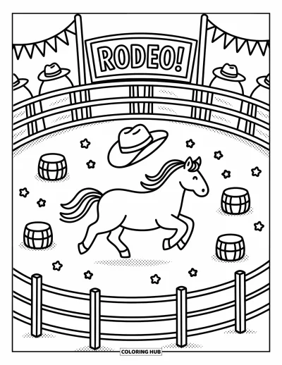 Coloriage du Texas pour adultes : Un chapeau de cowboy flotte au-dessus d'un cheval au galop dans une scène de rodéo pleine de vie