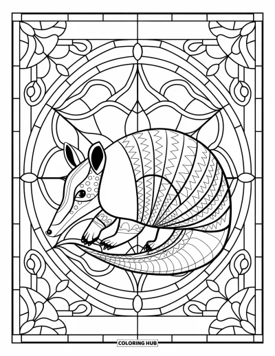 Coloriage du Texas pour adultes : Un tatou enroulé repose dans un carreau de vitrail aux bordures décoratives