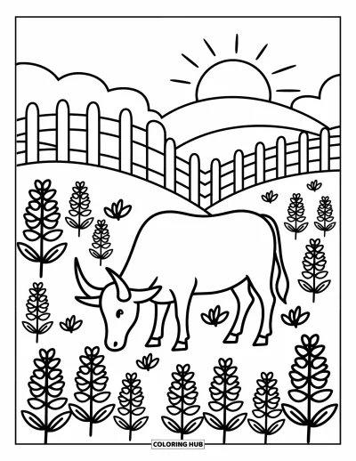 Coloriage du Texas pour adultes : Un adorable longhorn broute parmi des jacinthes sauvages et des fleurs sous un soleil éclatant
