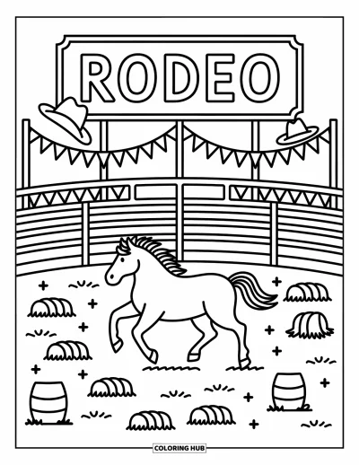 Coloriage du Texas pour adultes : Une arène de rodéo animée présente un cheval au galop et un chapeau qui s'envole avec des étoiles et des banderoles
