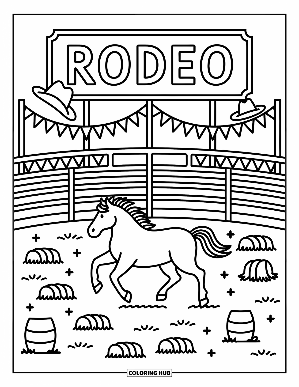 Texas Coloring Page for Adults: A fun rodeo ring features a galloping horse and flying hat with stars and banners