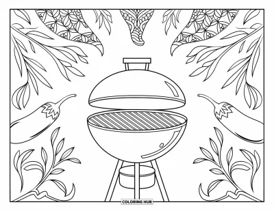 Coloriage du Texas pour adultes : Un barbecue est encadré de piments tourbillonnants et d'herbes sur un fond épuré