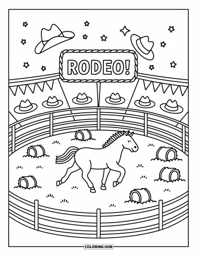 Coloriage du Texas pour adultes : Un cheval galope dans une arène de rodéo avec des bottes de foin, des étoiles et un grand panneau "Rodeo !"