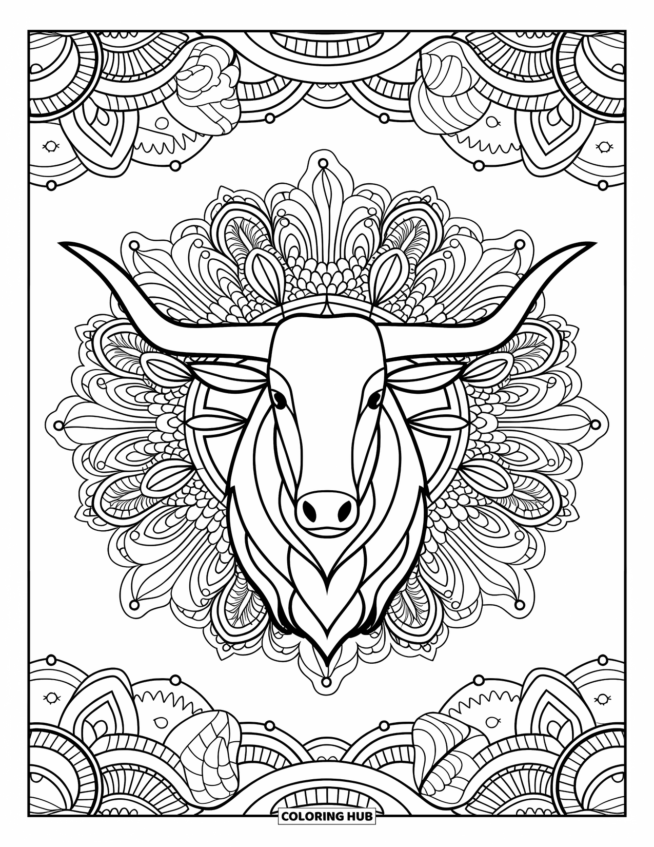 Texas Coloring Page for Adults: A longhorn head is framed by a bold floral mandala design