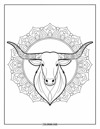 Coloriage du Texas pour adultes : Une tête de longhorn aux cornes ornées de mandala est inscrite dans un cadre circulaire floral