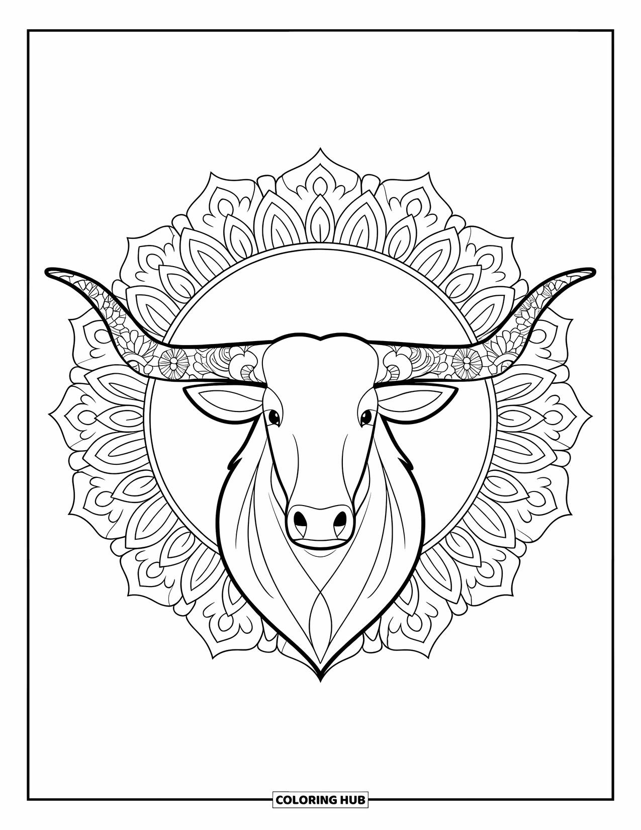 Texas Coloring Page for Adults: A longhorn head with mandala horns sits inside a circular floral frame