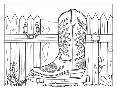 Coloriage du Texas pour adultes : Une botte ornée de motifs de mandala repose sur un tabouret près d'une clôture rustique et d'une lanterne