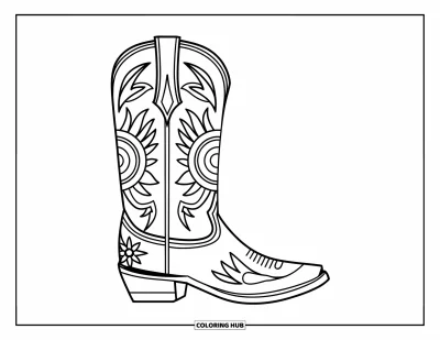Coloriage du Texas pour adultes : Une botte de cowboy aux motifs décoratifs se détache sur un fond blanc ornemental