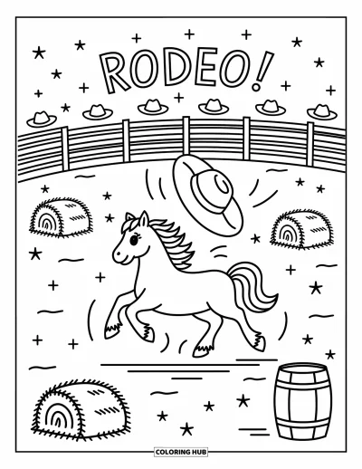 Coloriage du Texas pour adultes : Un cheval de rodéo galope dans une arène avec un chapeau de cowboy qui vole dans les airs