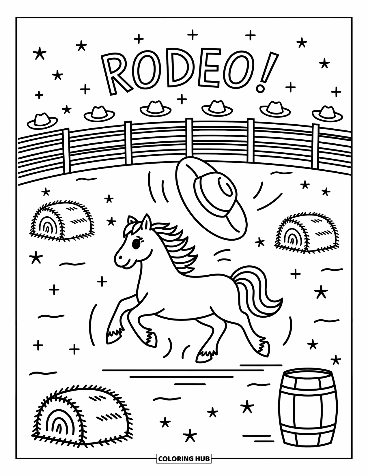 Texas Coloring Page for Adults: A rodeo horse gallops in a ring with a cowboy hat flying through the air