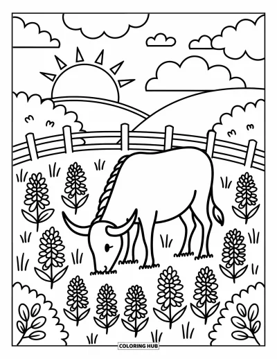 Coloriage du Texas pour adultes : Un longhorn souriant se tient près d'une clôture sinueuse dans un champ de fleurs texanes