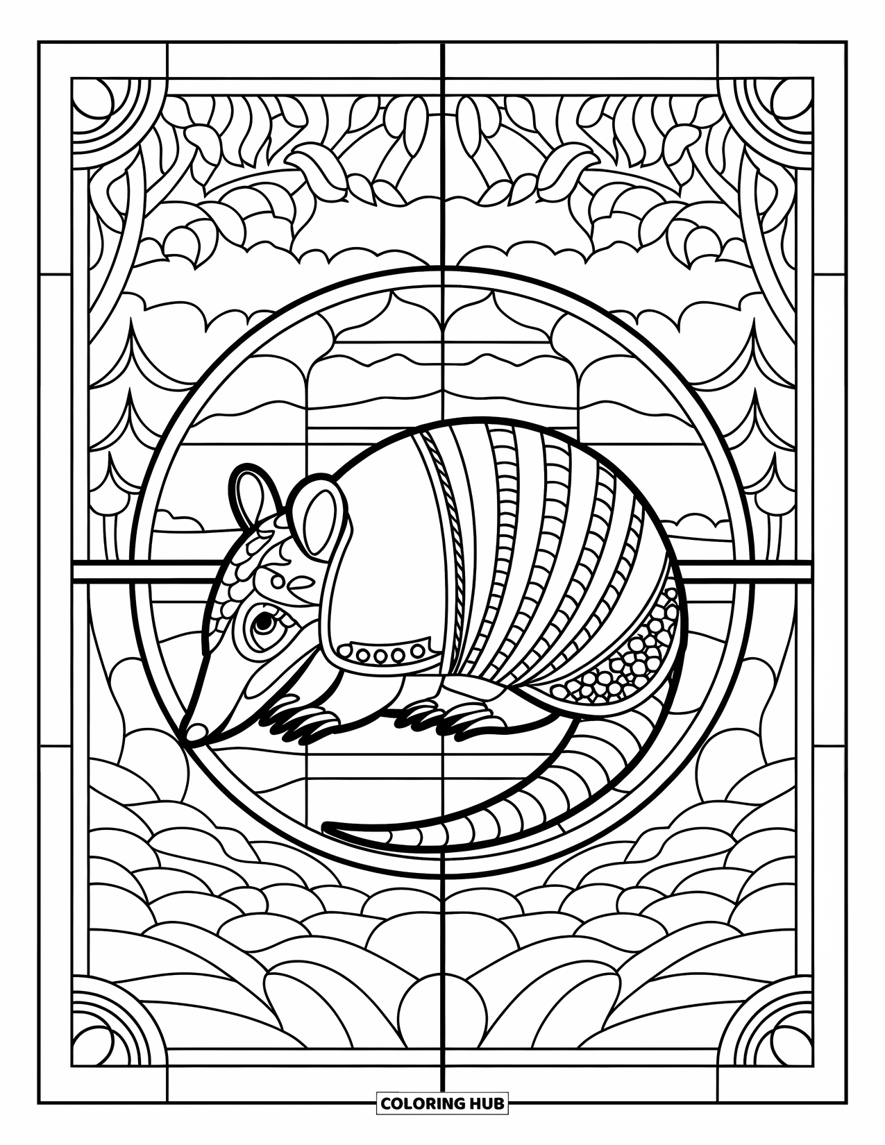 Texas Coloring Page for Adults: A stained glass tile surrounds a realistic armadillo with a nature scene behind