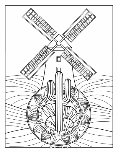 Coloriage du Texas pour adultes : Un grand moulin à vent se dresse à côté d'un cactus dans un mandala aux motifs de feuilles