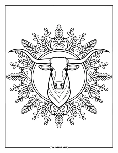 Coloriage du Texas pour adultes : Un longhorn aux larges cornes est encadré par un mandala symétrique de fleurs et de lianes