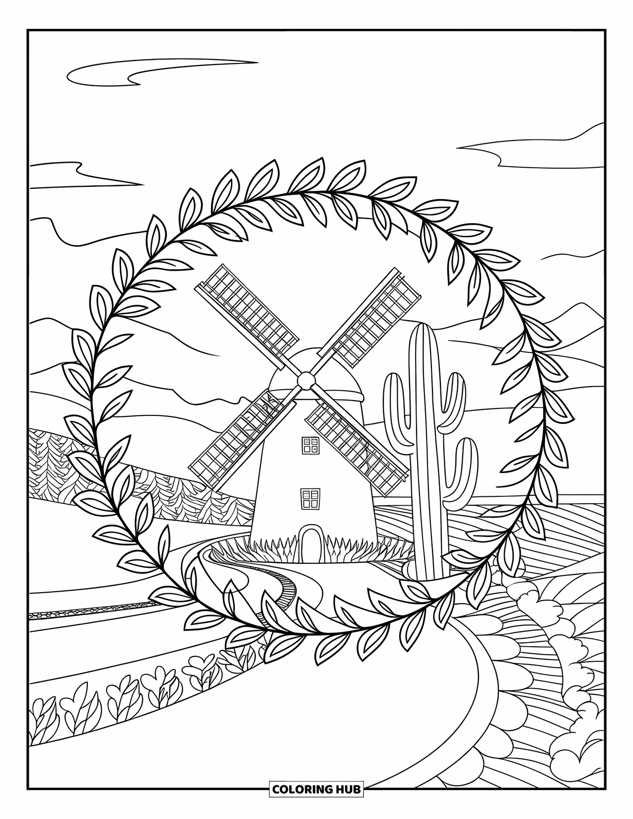 Texas Coloring Page for Adults: A windmill and cactus are framed by patterned leaves and a calm landscape