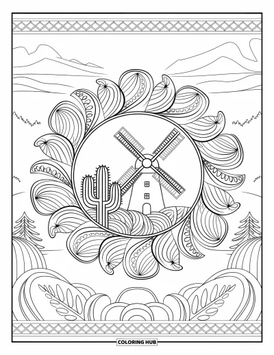 Coloriage du Texas pour adultes : Un moulin à vent et un cactus trônent au cœur d'un mandala végétal avec des vues sur les montagnes