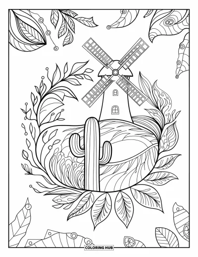 Coloriage du Texas pour adultes : Un moulin à vent et un cactus sont placés au centre d'un mandala botanique tourbillonnant