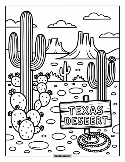 Coloriage du Texas pour adultes : Des cactus boules et des figuiers de Barbarie garnissent le désert avec des fleurs et un panneau Texas