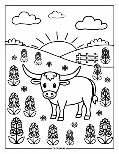 Coloriage du Texas pour adultes : Des jacinthes sauvages et une clôture entourent un longhorn paisible dans les douces collines texanes