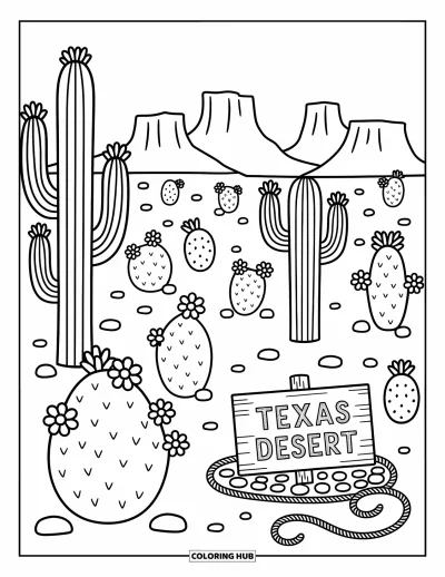 Coloriage du Texas pour adultes : Des cactus fleurissent dans le désert texan avec un panneau "Texas Desert" au premier plan