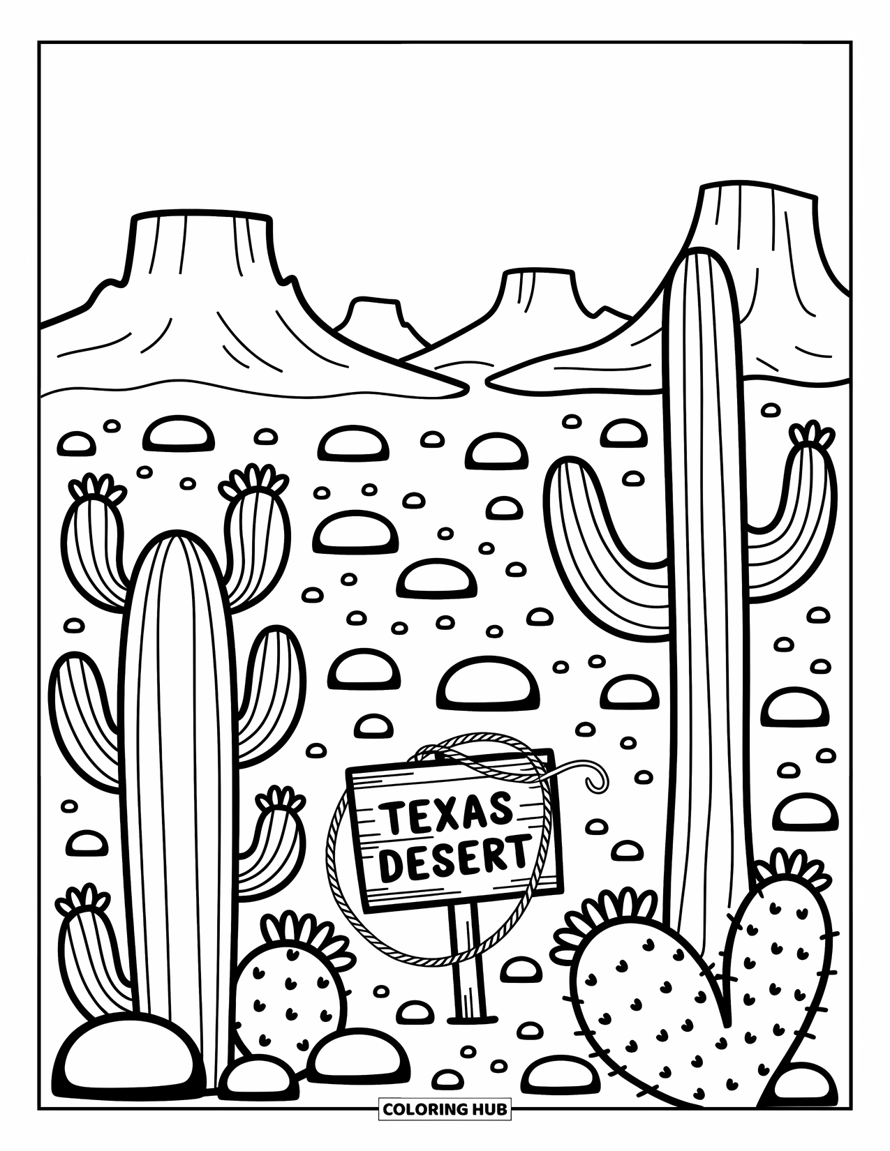 Texas Coloring Page for Adults: Cactus plants and pebbles fill a cute Texas desert under the golden sky